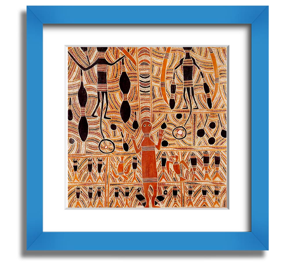 Aboriginal Marika Mathaman Square Framed Print showcasing vibrant colors and intricate designs, framed in a stylish border.